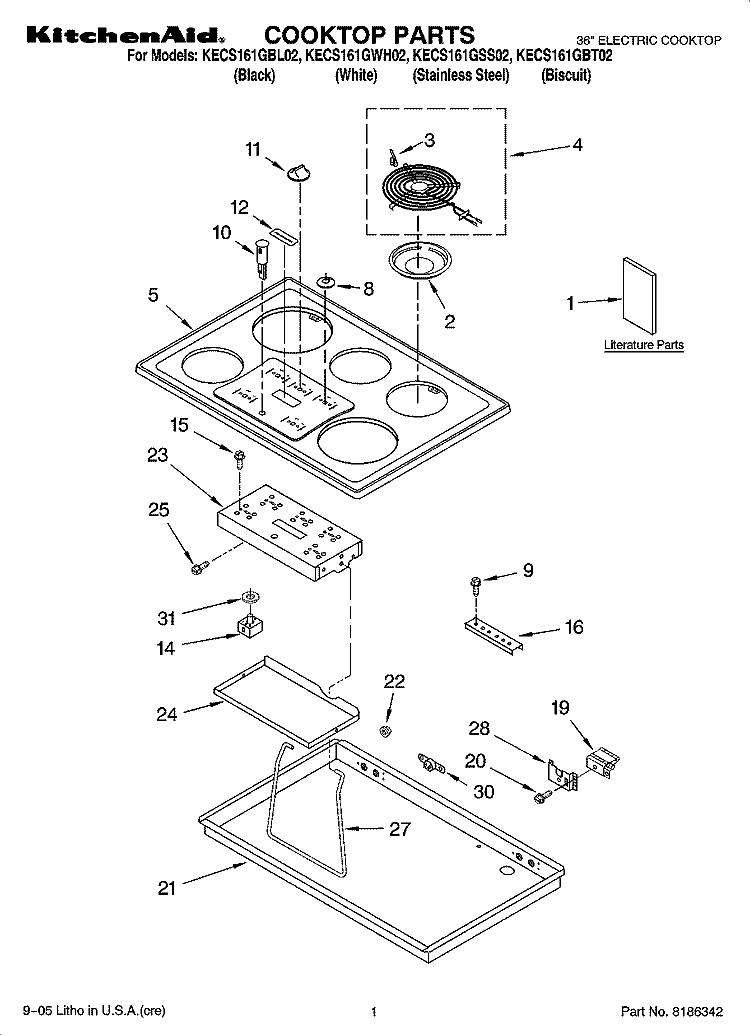 COOKTOP PARTS Diagram and Parts List for KECS161GBT02  KitchenAid Cooktop