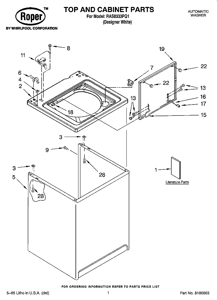 TOP AND CABINET PARTS Diagram and Parts List for RAS8333PQ1  Roper Washer