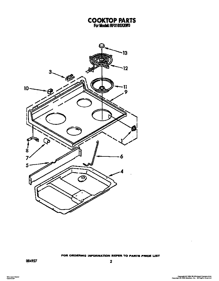 COOKTOP, LIT/OPTIONAL Diagram and Parts List for RF3105XXN0  Whirlpool Range
