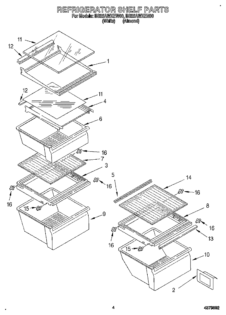 REFRIGERATOR SHELF Diagram and Parts List for RS25AWXEW00  Roper Refrigerator