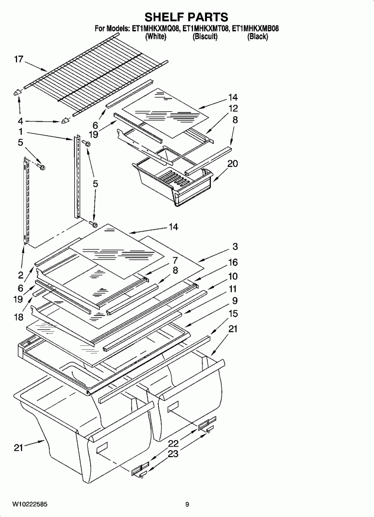 SHELF PARTS, OPTIONAL PARTS (NOT INCLUDED) Diagram and Parts List for ET1MHKXMQ08  Whirlpool Refrigerator
