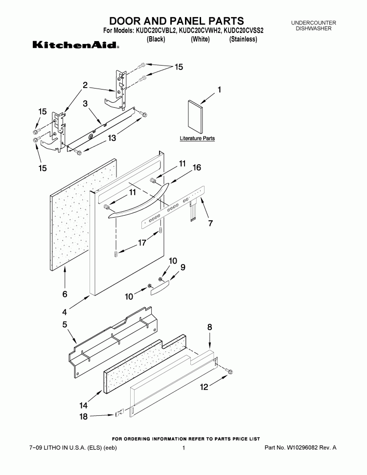 DOOR AND PANEL PARTS Diagram and Parts List for KUDC20CVBL2  KitchenAid Dishwasher