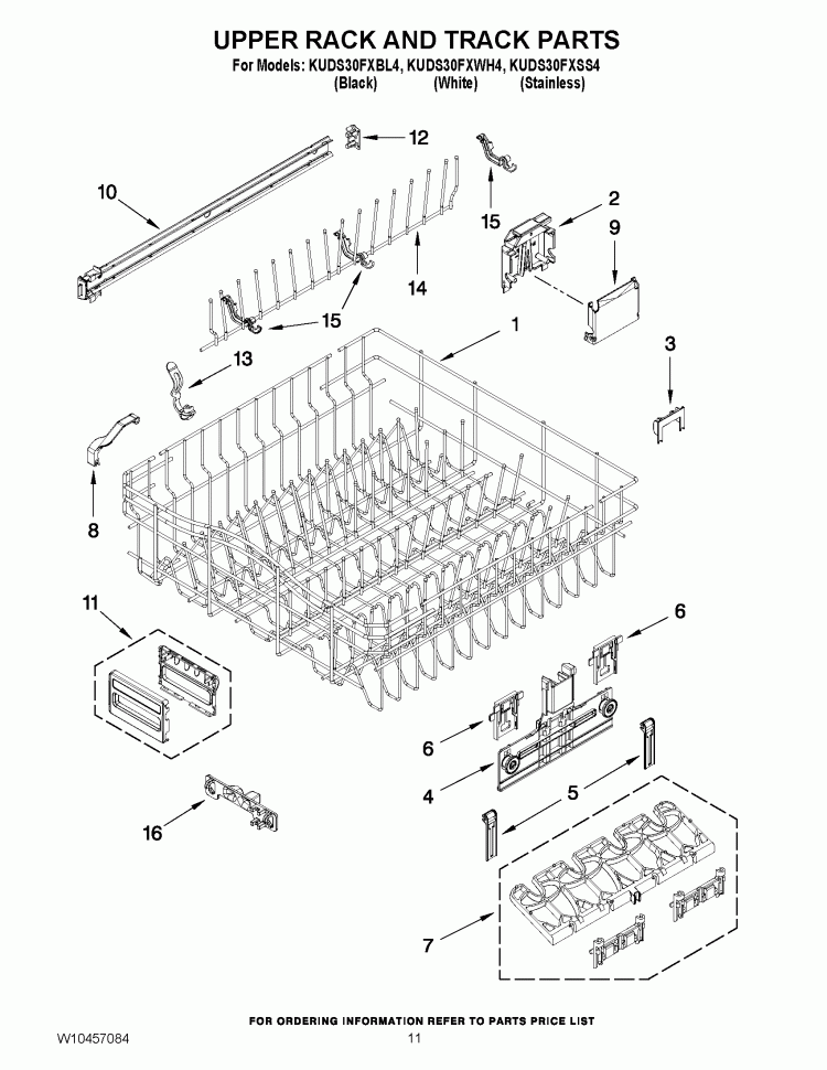 UPPER RACK AND TRACK PARTS Diagram and Parts List for KUDS30FXBL4  KitchenAid Dishwasher
