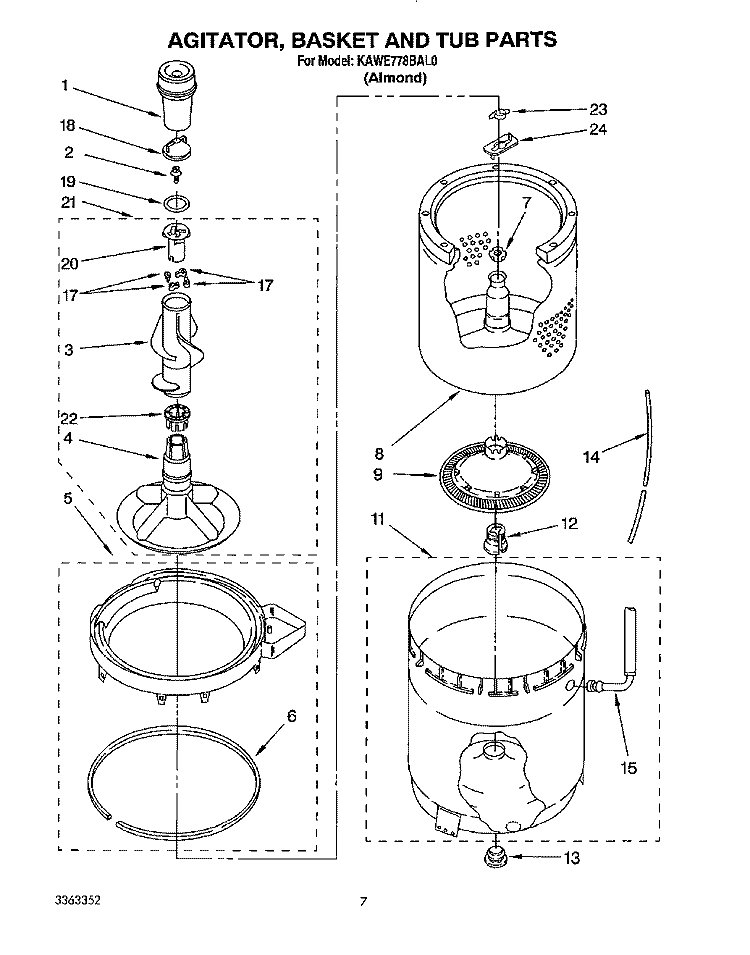 AGITATOR, BASKET AND TUB Diagram and Parts List for KAWE778BAL0  KitchenAid Washer