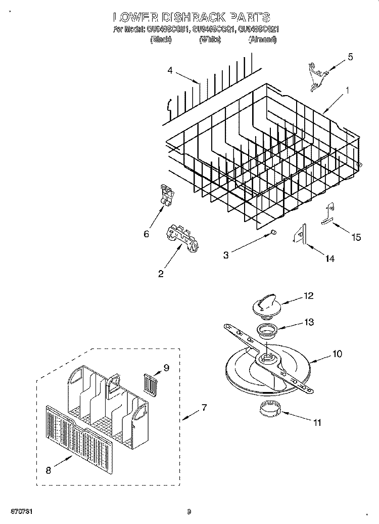 LOWER DISHRACK Diagram and Parts List for GU940SCGZ1  Whirlpool Dishwasher