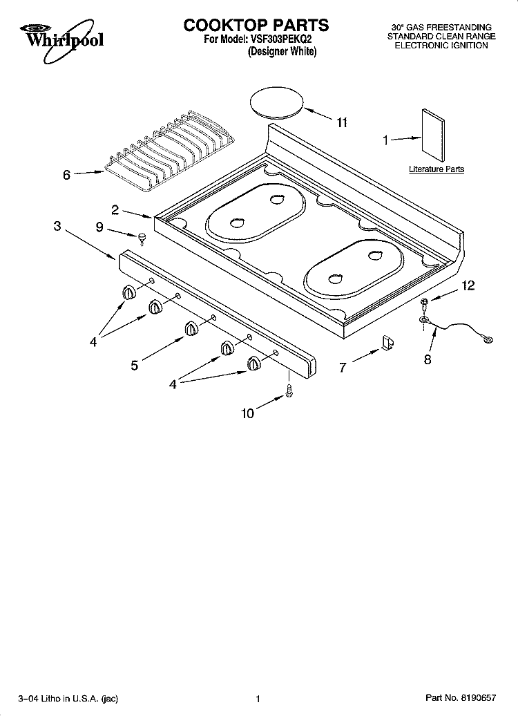 COOKTOP PARTS Diagram and Parts List for VSF303PEKQ2  Whirlpool Range