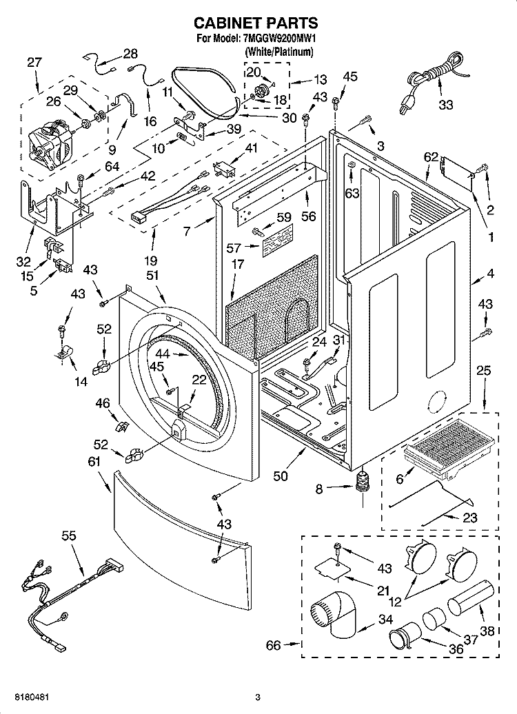 CABINET PARTS Diagram and Parts List for 7MGGW9200MW1  Whirlpool Dryer