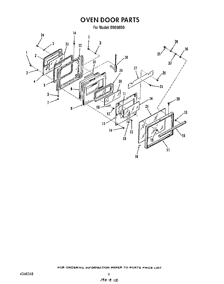 OVEN DOOR Diagram and Parts List for B9908B0  Roper Wall Oven