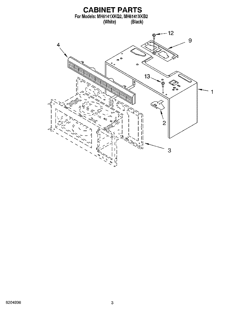 CABINET PARTS Diagram and Parts List for MH6141XKB2  Whirlpool Microwave