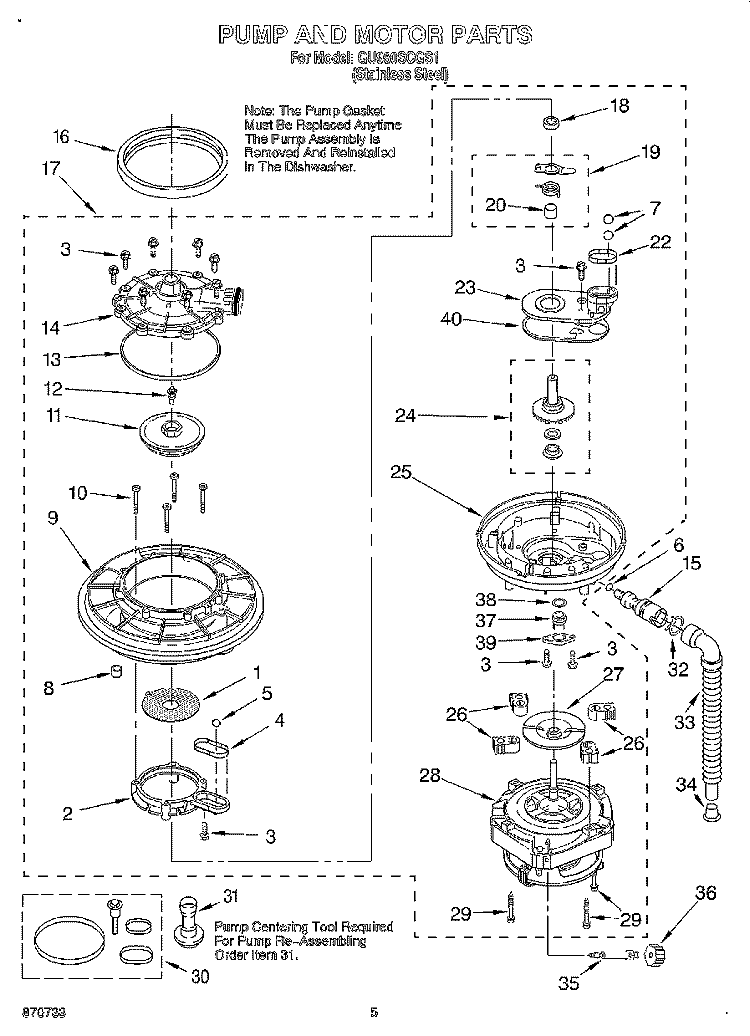 PUMP AND MOTOR Diagram and Parts List for GU980SCGS1  Whirlpool Dishwasher