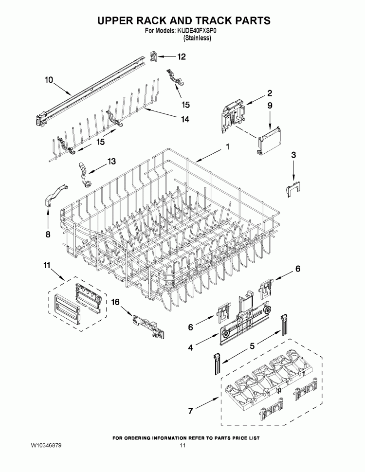 UPPER RACK AND TRACK PARTS Diagram and Parts List for KUDE40FXSP0  KitchenAid Dishwasher