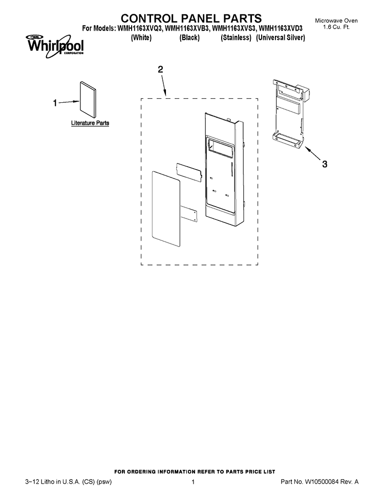 CONTROL PANEL PARTS Diagram and Parts List for WMH1163XVS3  Whirlpool Microwave