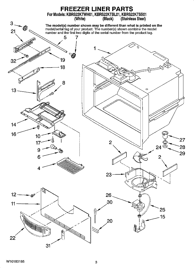 FREEZER LINER PARTS Diagram and Parts List for KBRS22KTSS01  KitchenAid Refrigerator