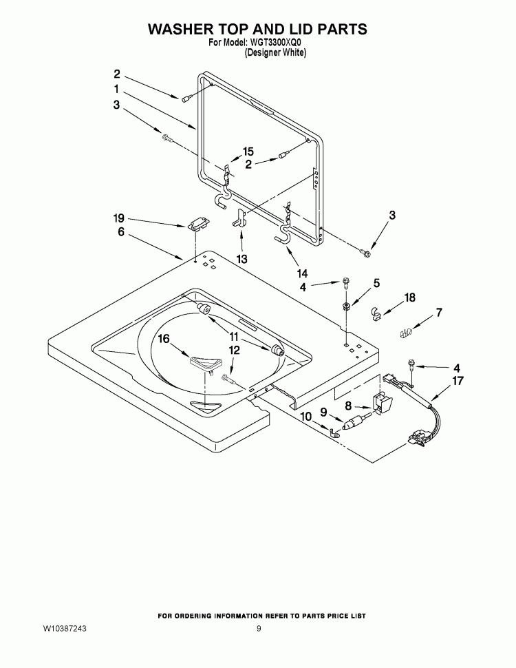 WASHER TOP AND LID PARTS Diagram and Parts List for WGT3300XQ0  Whirlpool Washer Dryer Combo
