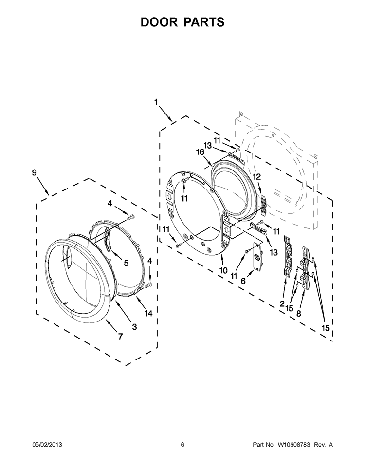 DOOR PARTS Diagram and Parts List for WED88HEAW1  Whirlpool Dryer