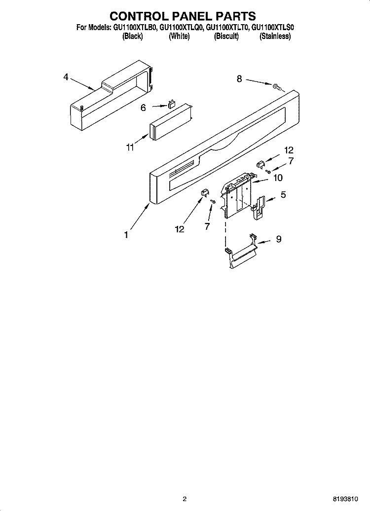 CONTROL PANEL PARTS Diagram and Parts List for GU1100XTLB0  Whirlpool Dishwasher