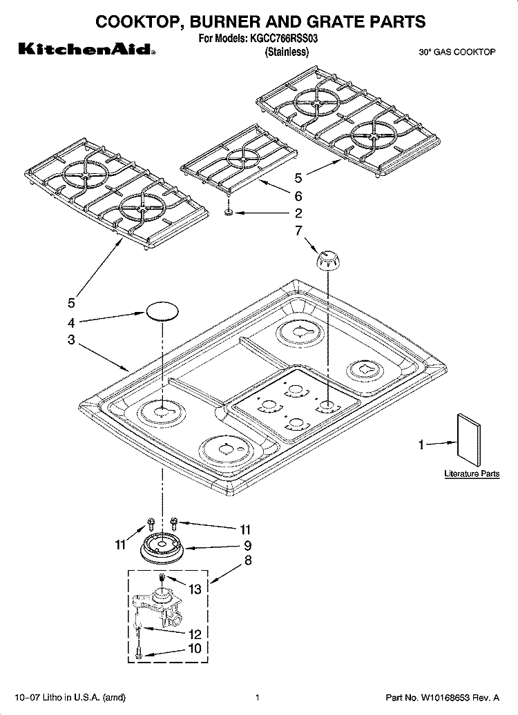 COOKTOP, BURNER AND GRATE PARTS Diagram and Parts List for KGCC766RSS03  KitchenAid Cooktop