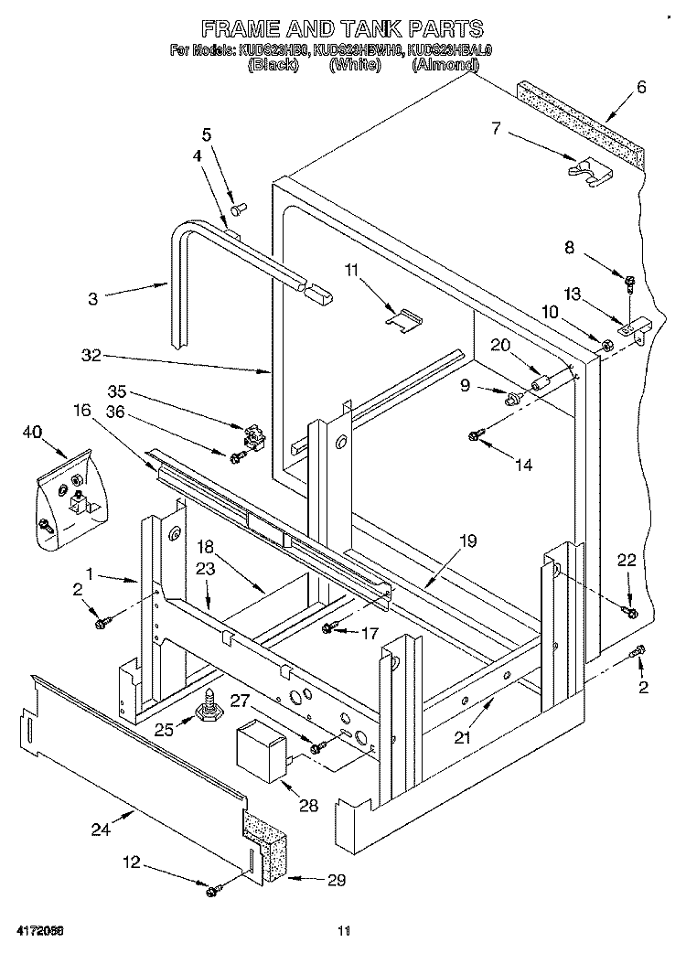 FRAME AND TANK Diagram and Parts List for KUDS23HBWH0  KitchenAid Dishwasher