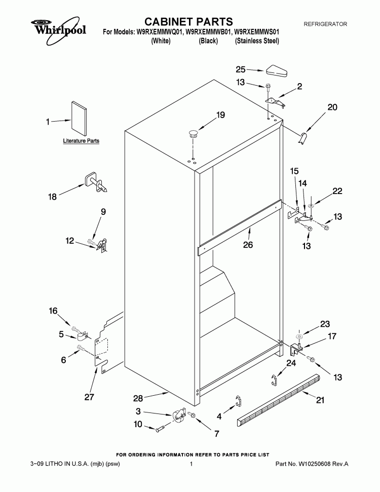 CABINET PARTS Diagram and Parts List for W9RXEMMWB01  Whirlpool Refrigerator