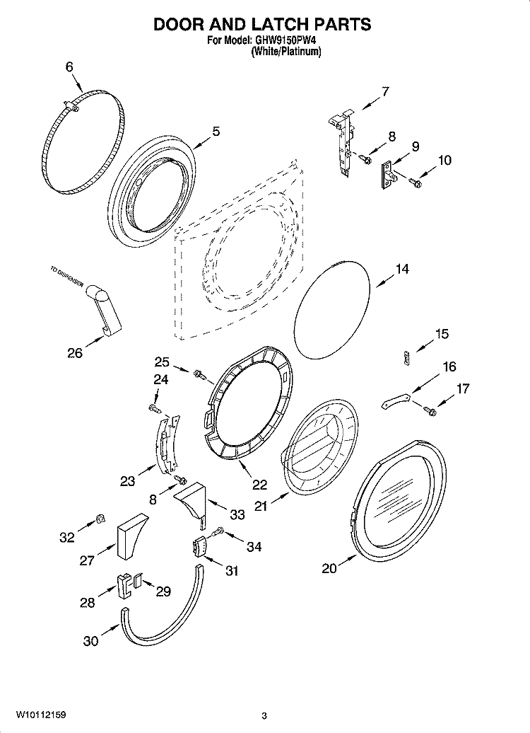 DOOR AND LATCH PARTS Diagram and Parts List for GHW9150PW4  Whirlpool Washer