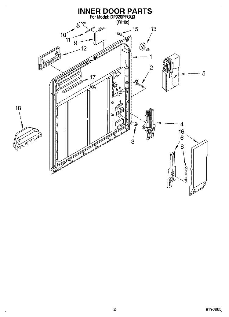 INNER DOOR Diagram and Parts List for DP920PFGQ3  Whirlpool Dishwasher