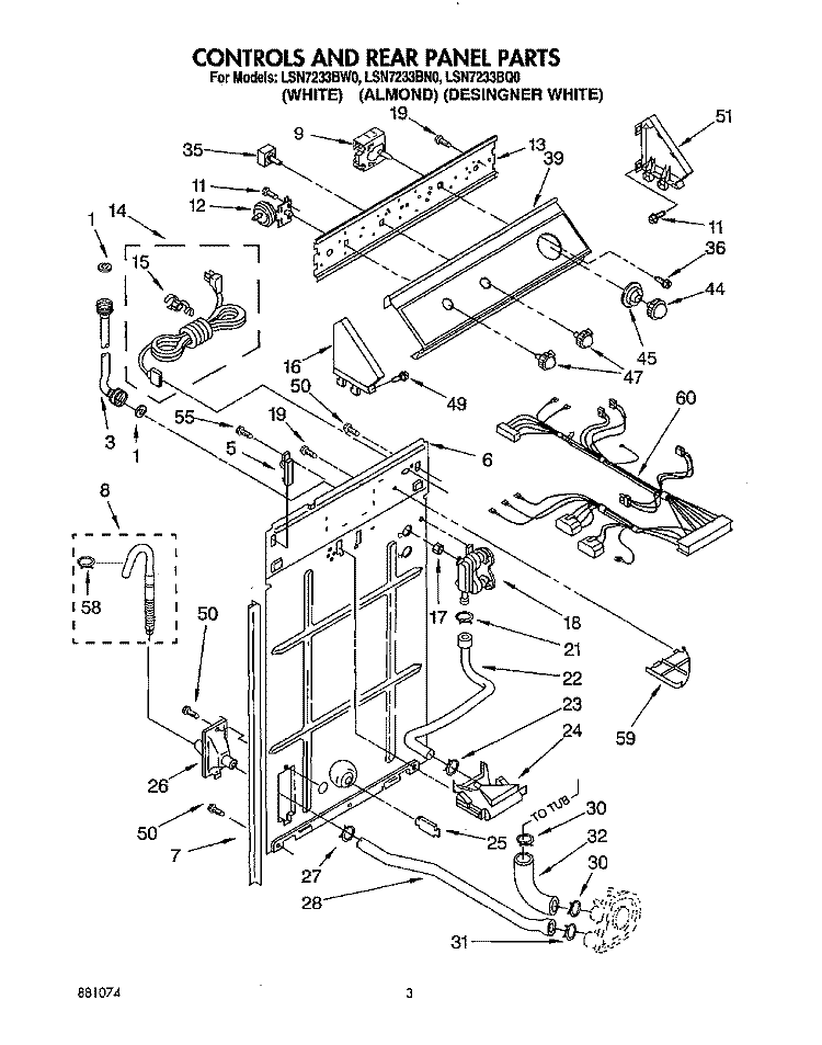 CONTROLS AND REAR PANEL Diagram and Parts List for LSN7233BN0  Whirlpool Washer