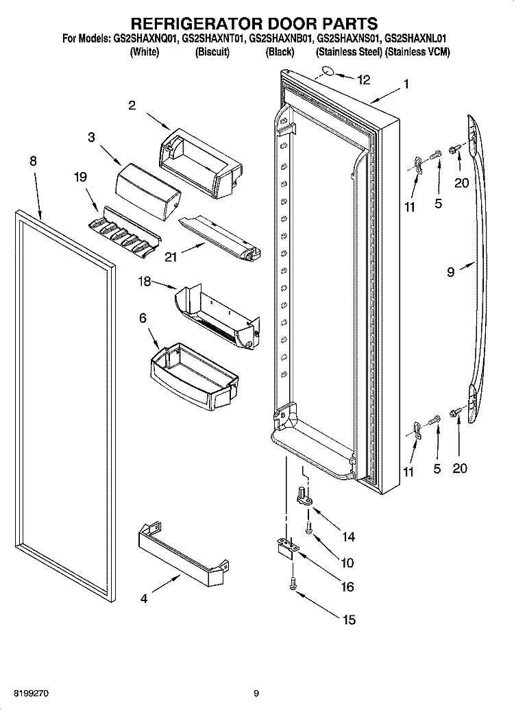REFRIGERATOR DOOR PARTS Diagram and Parts List for GS2SHAXNL01  Whirlpool Refrigerator