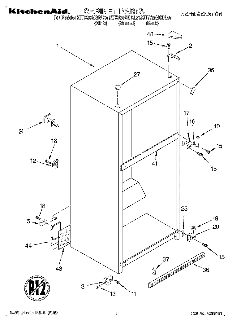 CABINET Diagram and Parts List for KTRV20MGBL01  KitchenAid Refrigerator