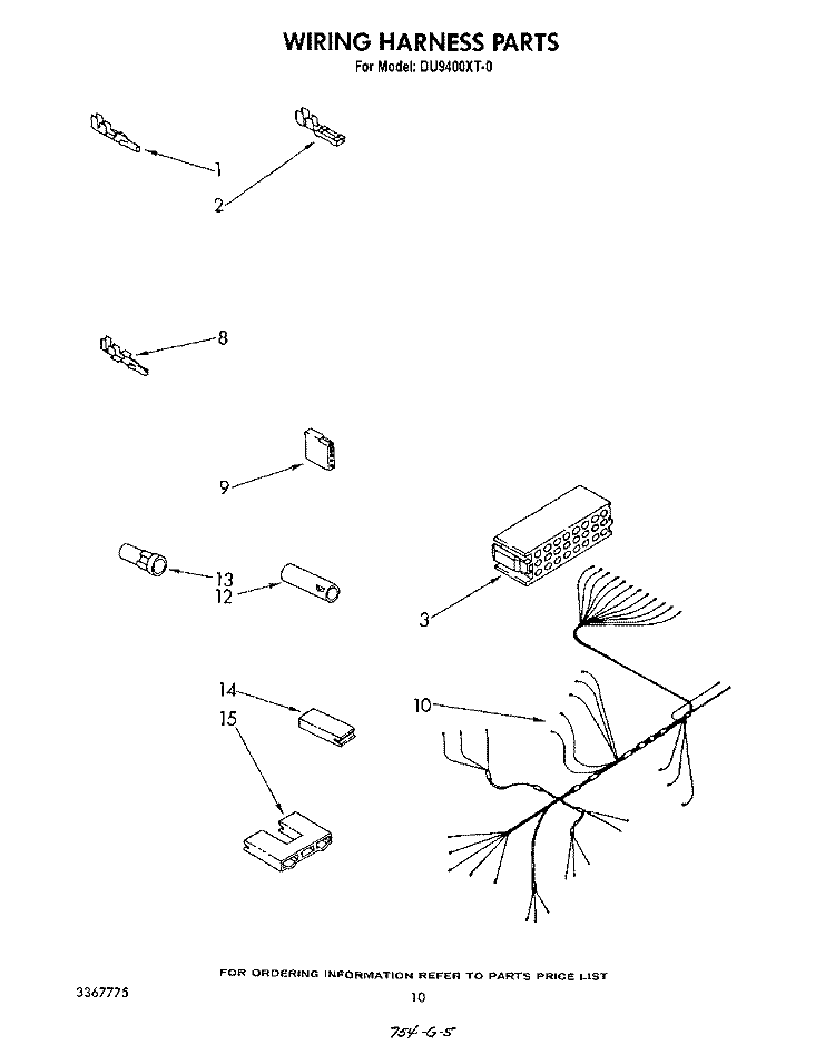 WIRING HARNESS Diagram and Parts List for DU9400XT0  Whirlpool Dishwasher