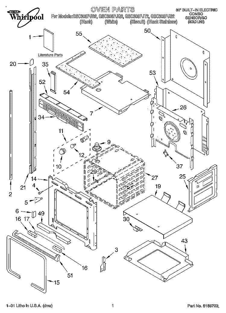 OVEN, LITERATURE Diagram and Parts List for GSC308PJQ2  Whirlpool Microwave Oven Combo