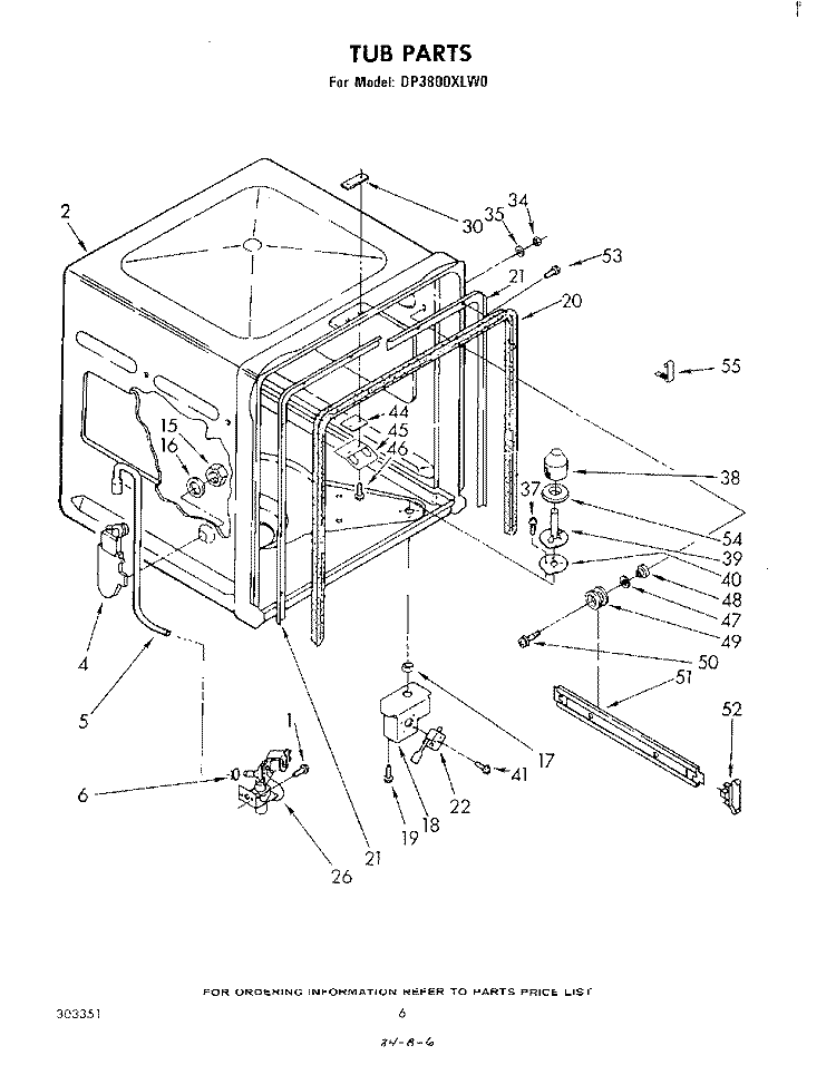 TUB , LITERATURE AND OPTIONAL Diagram and Parts List for DP3800XLW0  Whirlpool Dishwasher