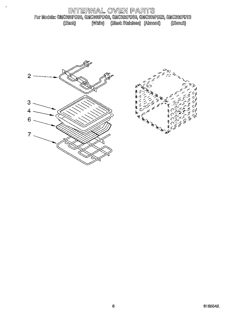 INTERNAL OVEN Diagram and Parts List for GMC305PDQ3  Whirlpool Microwave Oven Combo