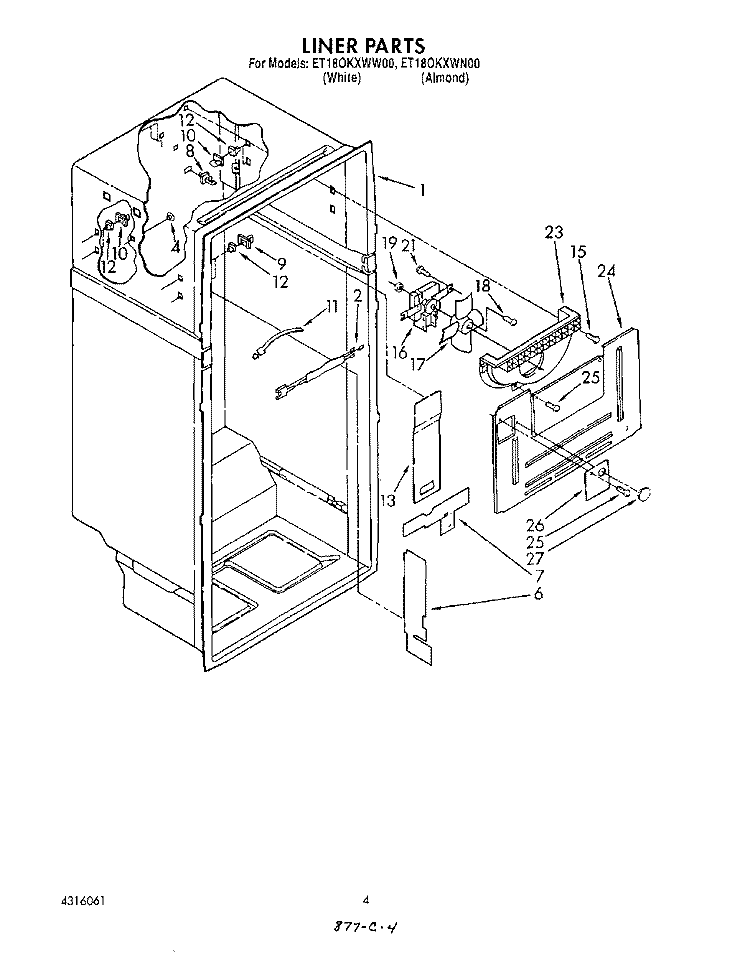 LINER Diagram and Parts List for ET18OKXWW00  Whirlpool Refrigerator