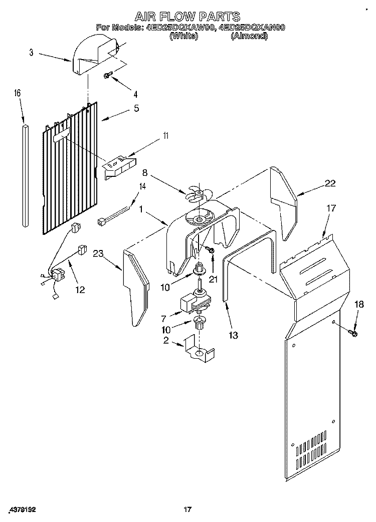 AIR FLOW Diagram and Parts List for 4ED25DQXAW00  Whirlpool Refrigerator