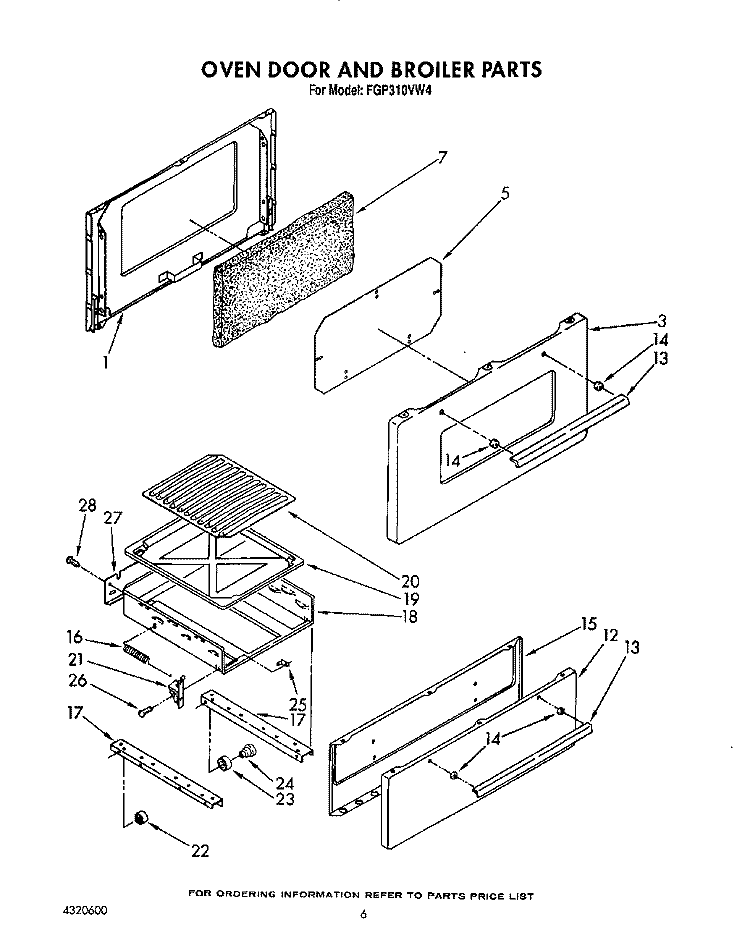 OVEN DOOR AND BROILER Diagram and Parts List for FGP310VW4  Roper Range