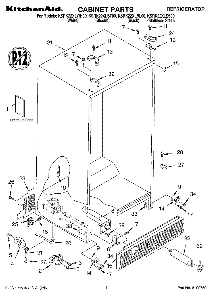 CABINET PARTS Diagram and Parts List for KSRK22XLBT00  KitchenAid Refrigerator