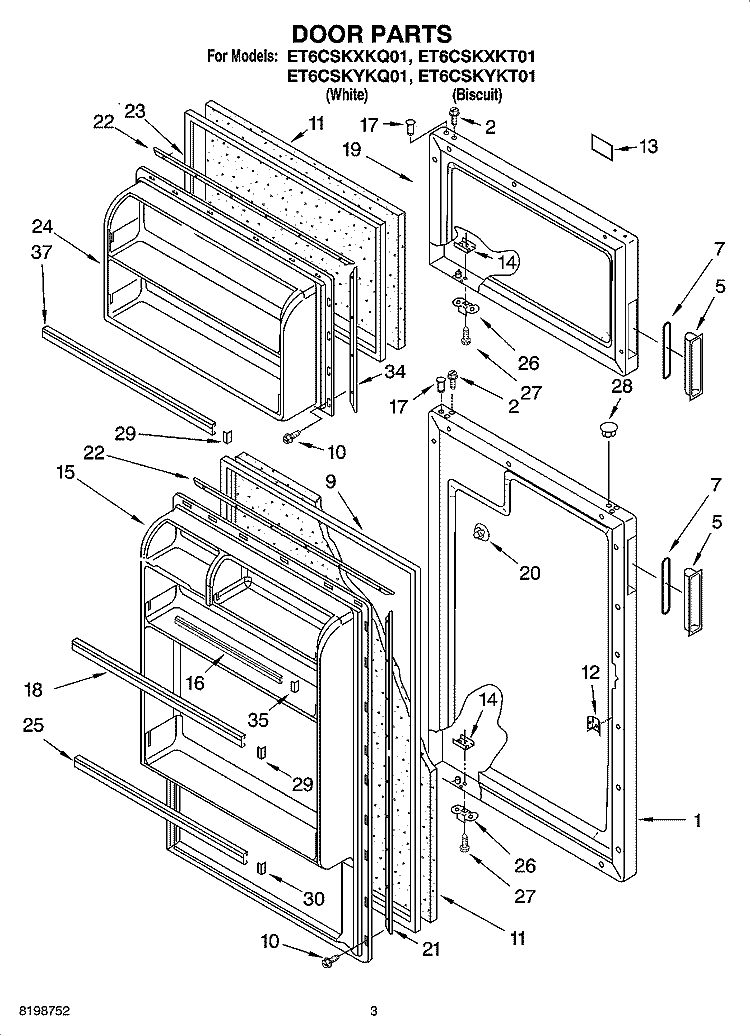 DOOR PARTS Diagram and Parts List for ET6CSKXKT01  Whirlpool Refrigerator