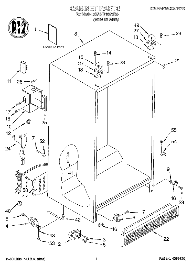 CABINET, LITERATURE Diagram and Parts List for 3XART730GW00  Whirlpool Refrigerator