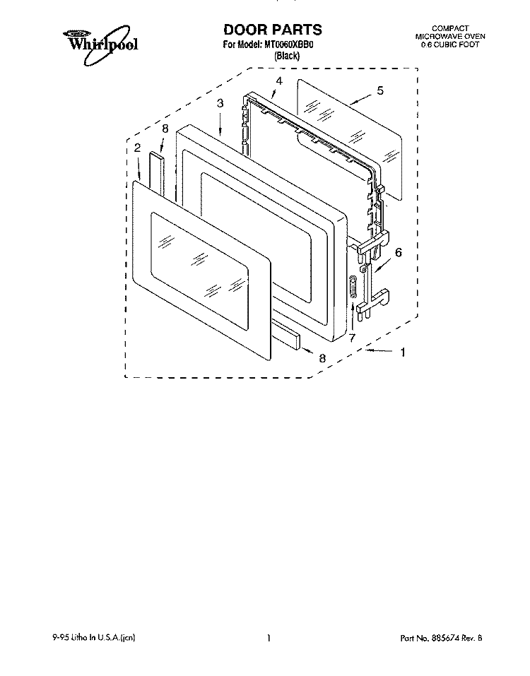 DOOR Diagram and Parts List for MT0061XBB0  Whirlpool Microwave