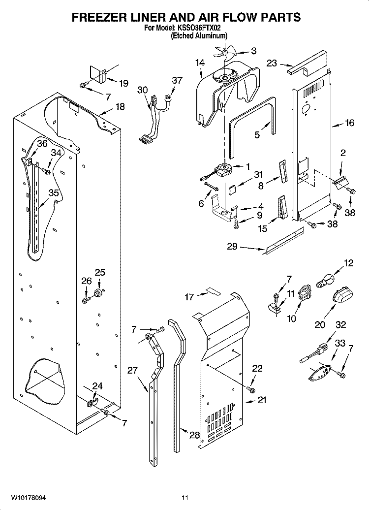 FREEZER LINER AND AIR FLOW PARTS Diagram and Parts List for KSSO36FTX02  KitchenAid Refrigerator