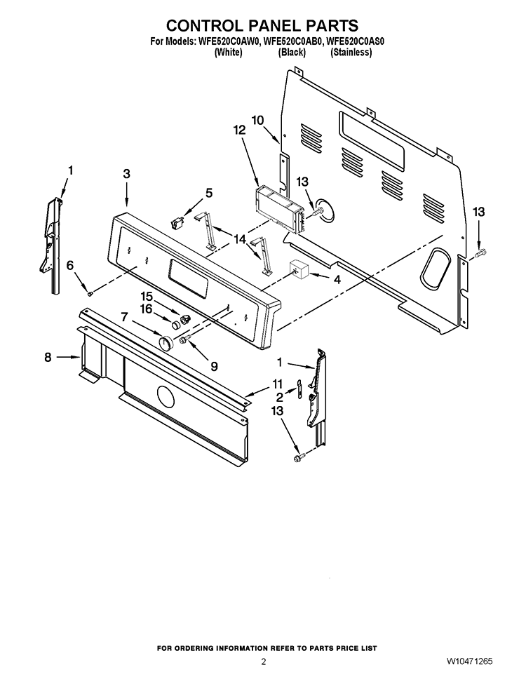 CONTROL PANEL PARTS Diagram and Parts List for WFE520C0AS0  Whirlpool Range