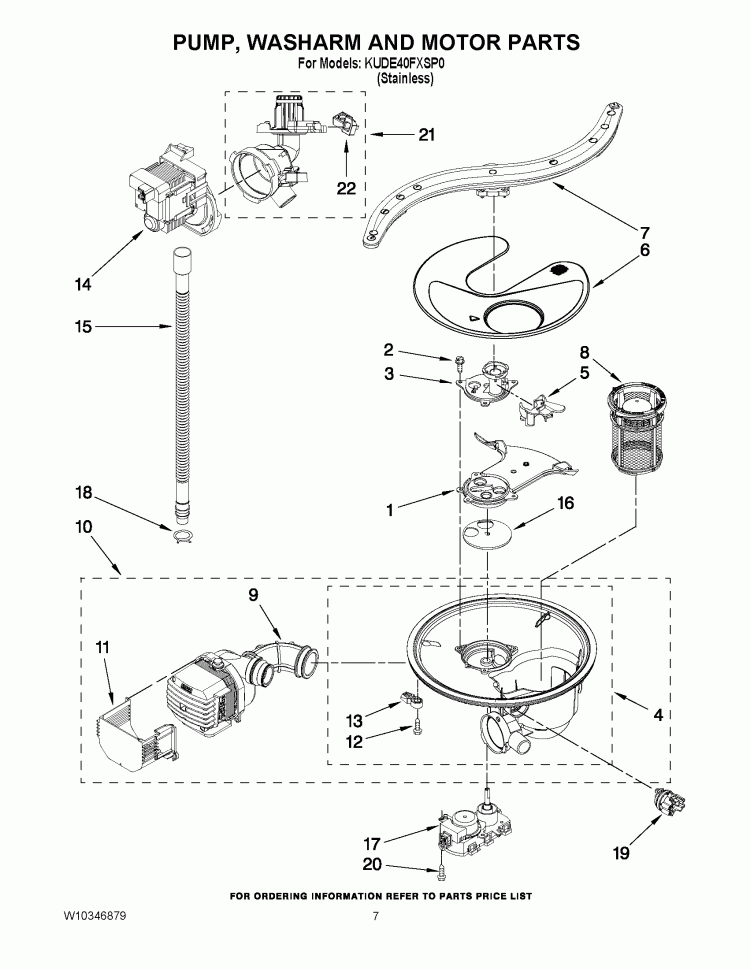 PUMP, WASHARM AND MOTOR PARTS Diagram and Parts List for KUDE40FXSP0  KitchenAid Dishwasher