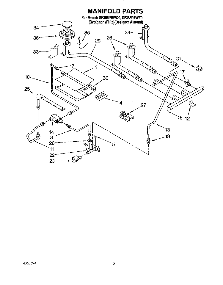 MANIFOLD Diagram and Parts List for SF388PEWZ0  Whirlpool Range