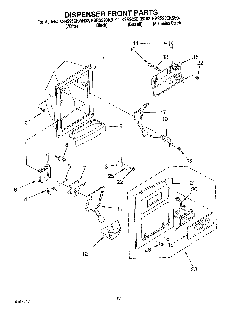 DISPENSER FRONT Diagram and Parts List for KSRS25CKWH02  KitchenAid Refrigerator