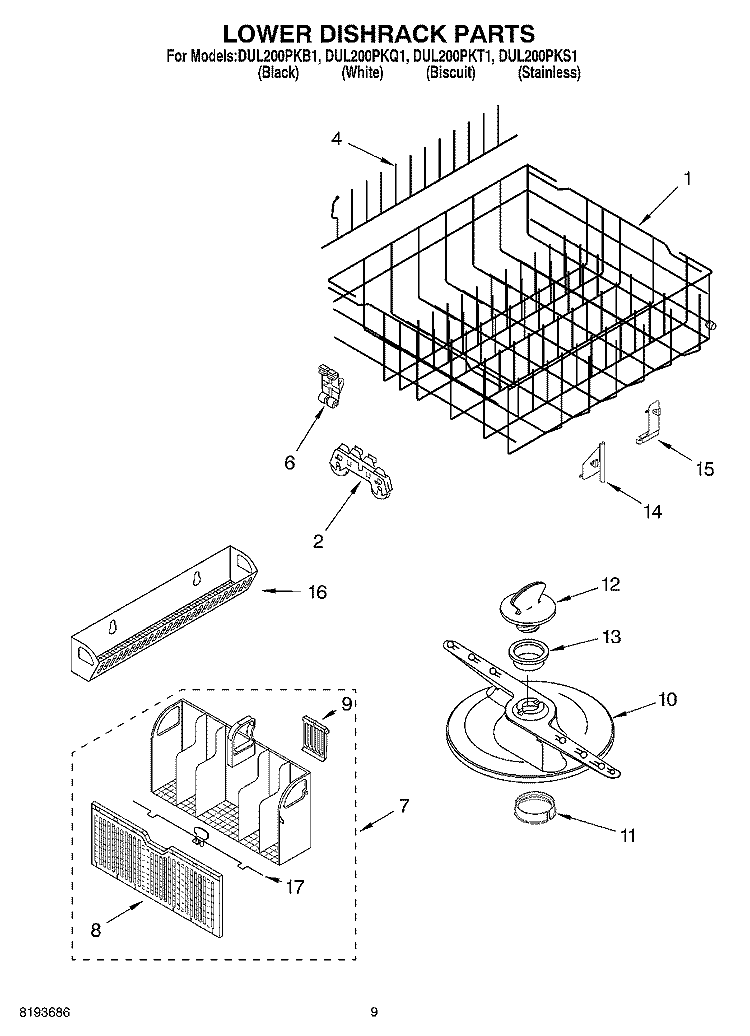 LOWER DISHRACK PARTS Diagram and Parts List for DUL200PKB1  Whirlpool Dishwasher