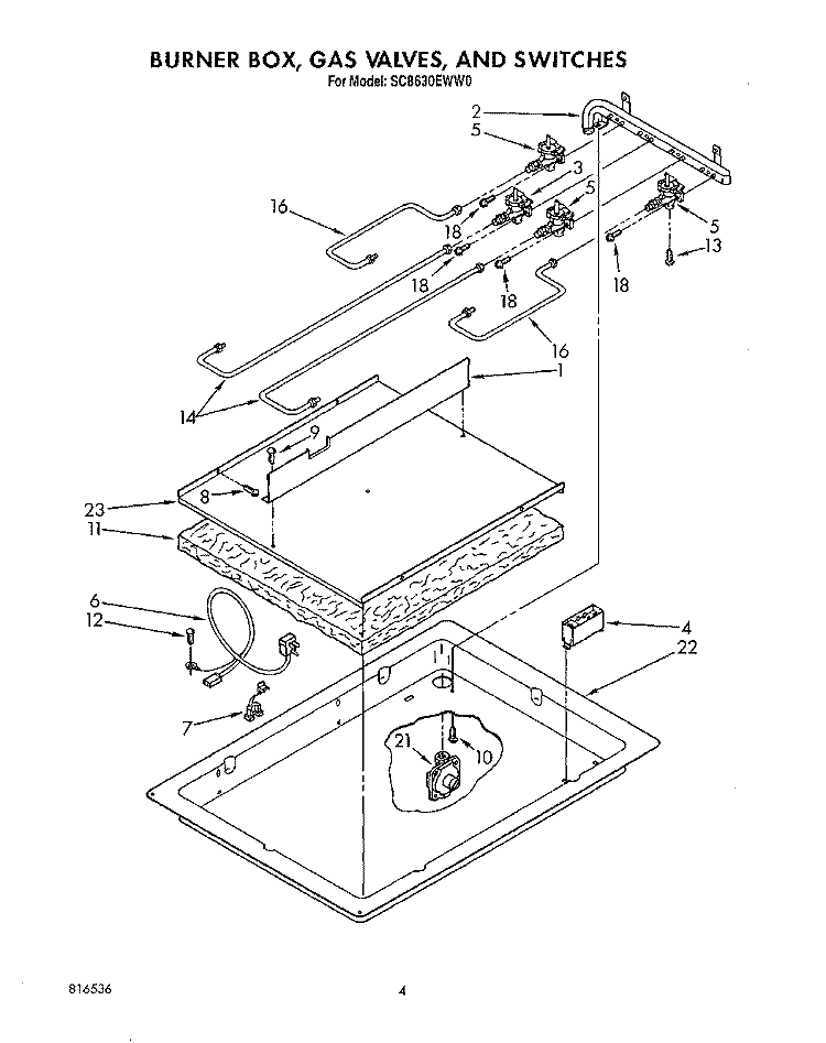 BURNER BOX, GAS VALVES, AND SWITCHES Diagram and Parts List for SC8630EWW0  Whirlpool Cooktop
