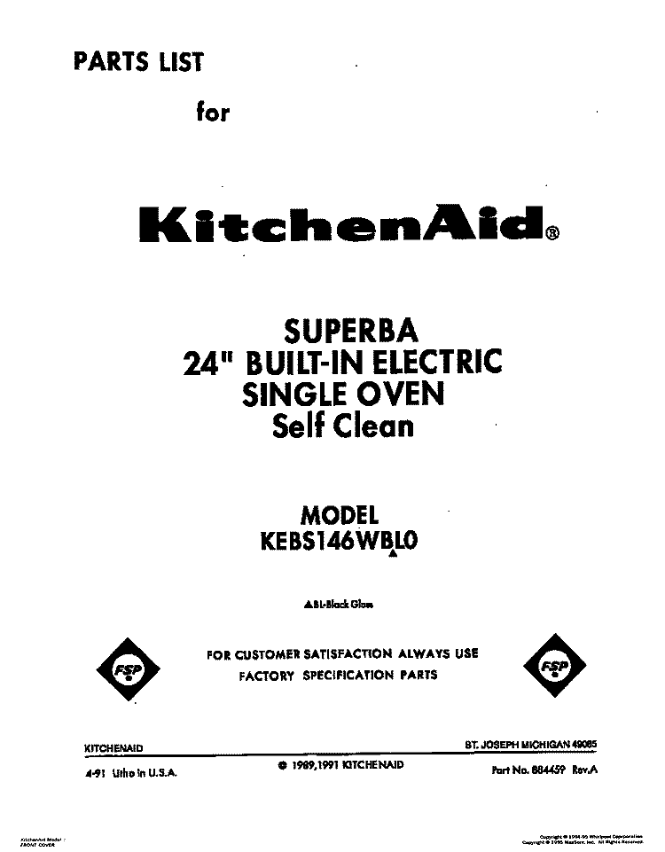 COVER Diagram and Parts List for KEBS146WBL0  KitchenAid Wall Oven
