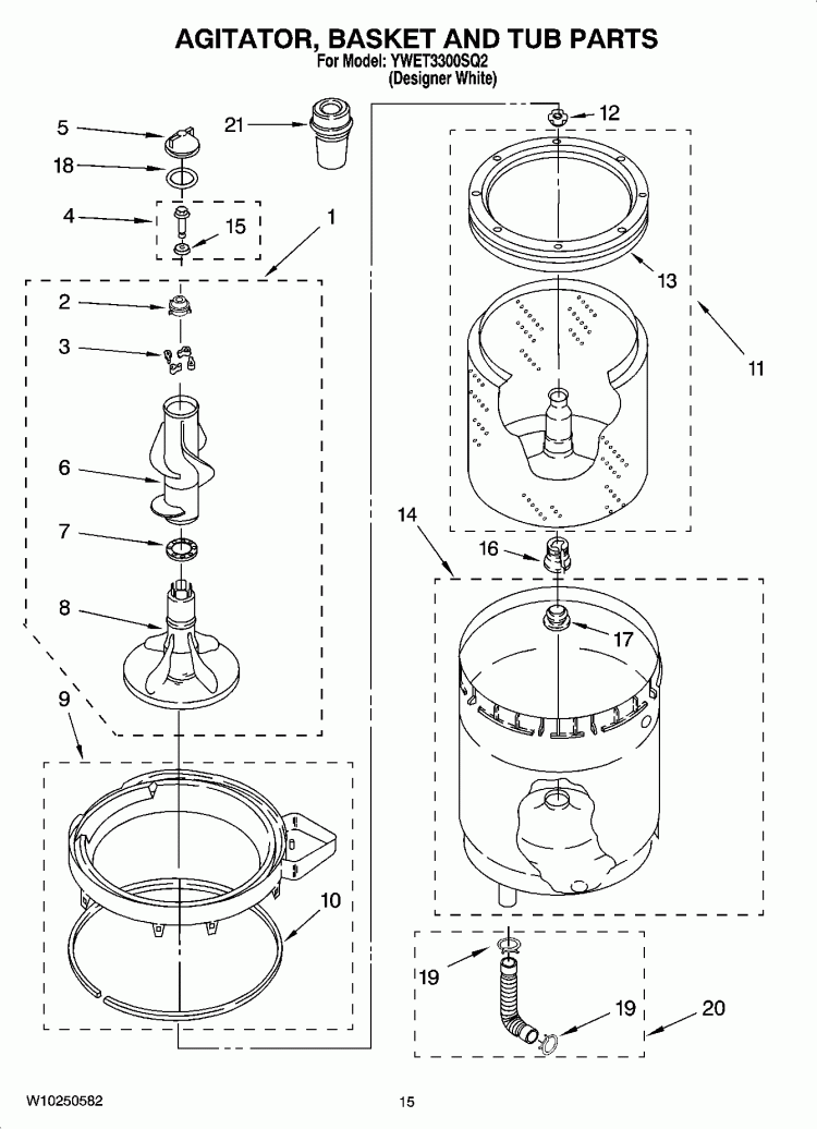 AGITATOR, BASKET AND TUB PARTS Diagram and Parts List for YWET3300SQ2  Whirlpool Washer Dryer Combo