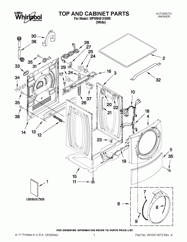 TOP AND CABINET PARTS Diagram and Parts List for WFW9451XW00  Whirlpool Washer