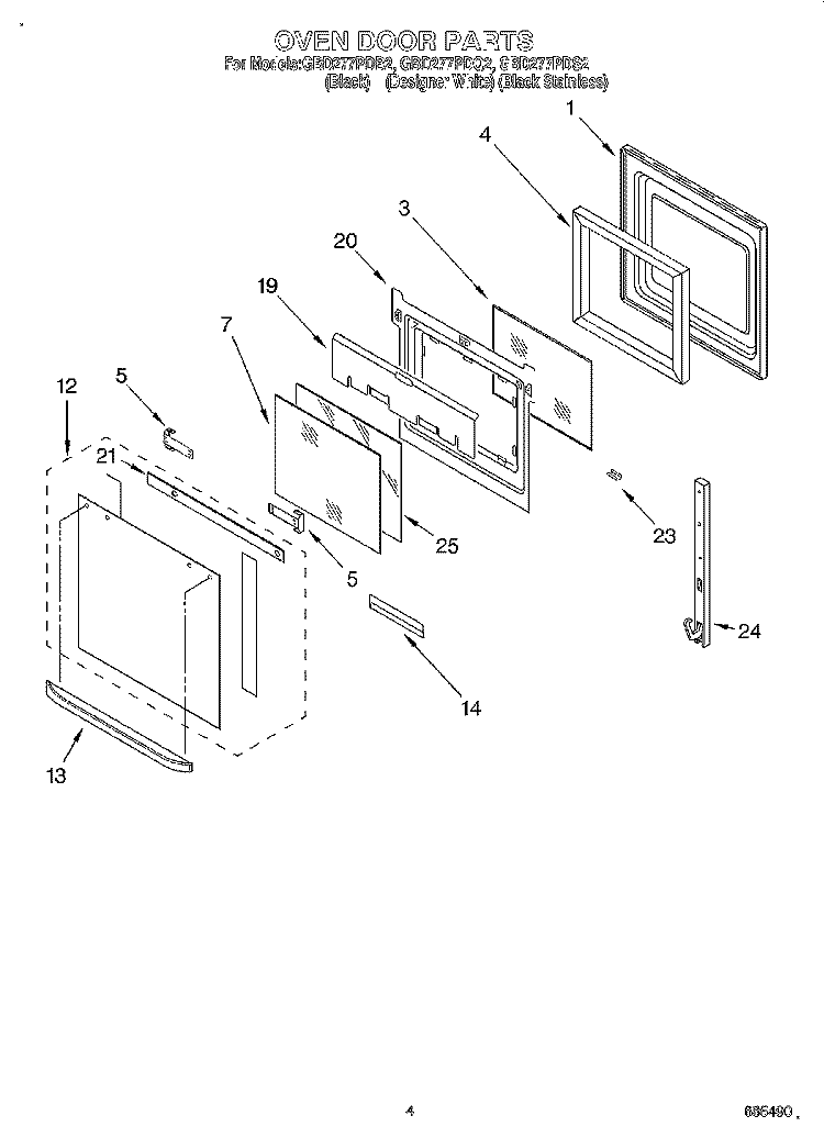 OVEN DOOR Diagram and Parts List for GBD277PDS2  Whirlpool Wall Oven